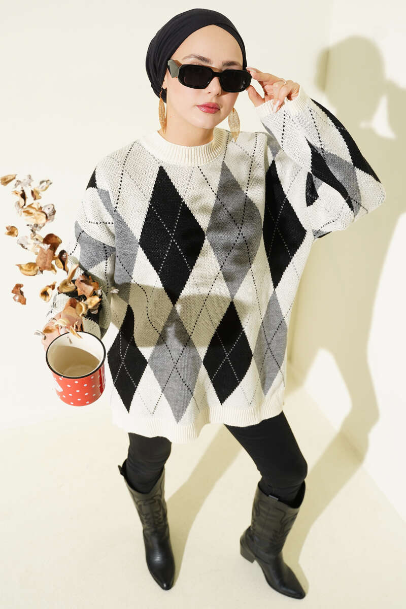 Diamond-Pattern Knit Tunic - Stone