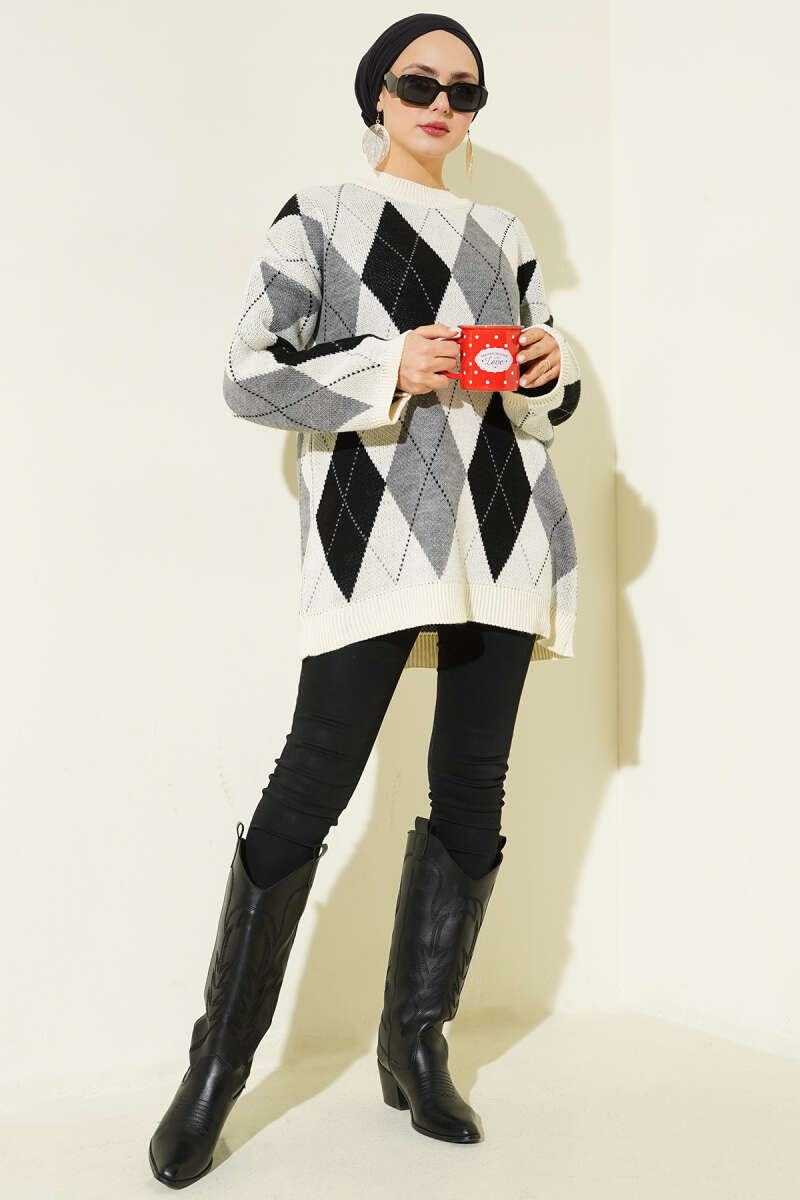 Diamond-Pattern Knit Tunic - Stone