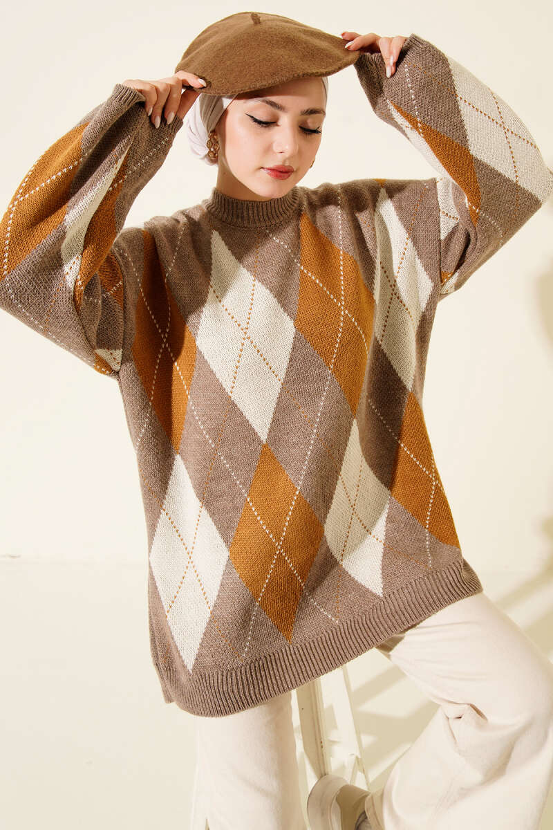 Diamond-Pattern Knit Tunic - Mink