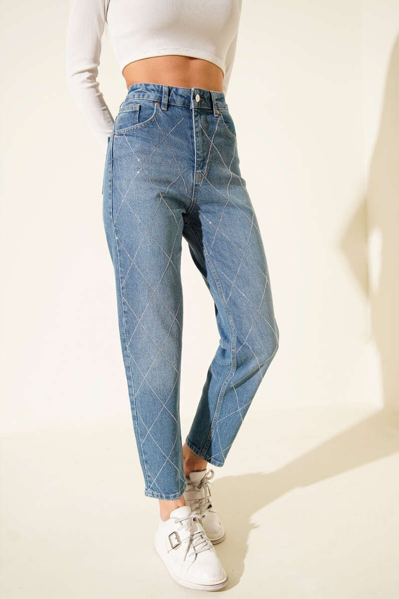 Mom Jeans with Diamond Stones - Light Blue