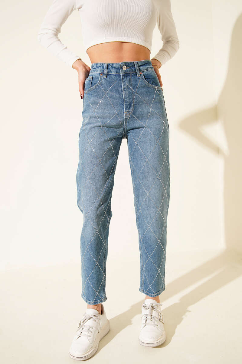 Mom Jeans with Diamond Stones - Light Blue