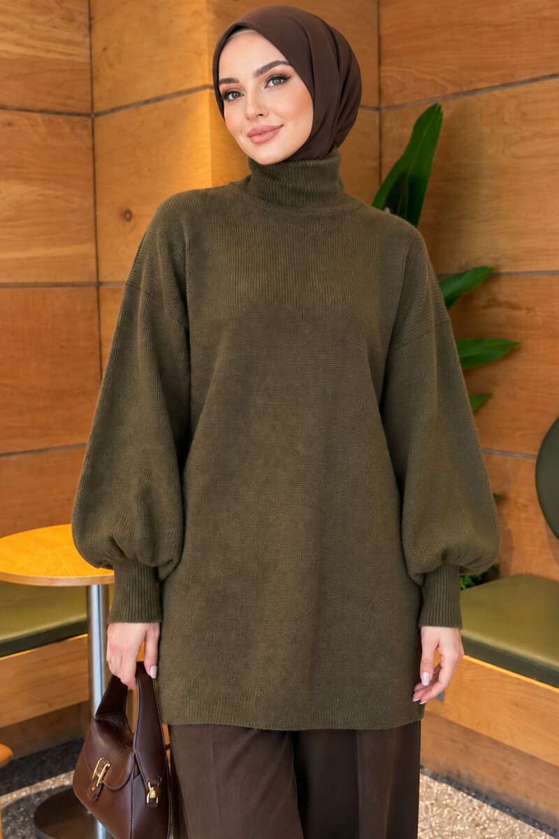Turtleneck Puff-Sleeve Knit Tunic - Khaki