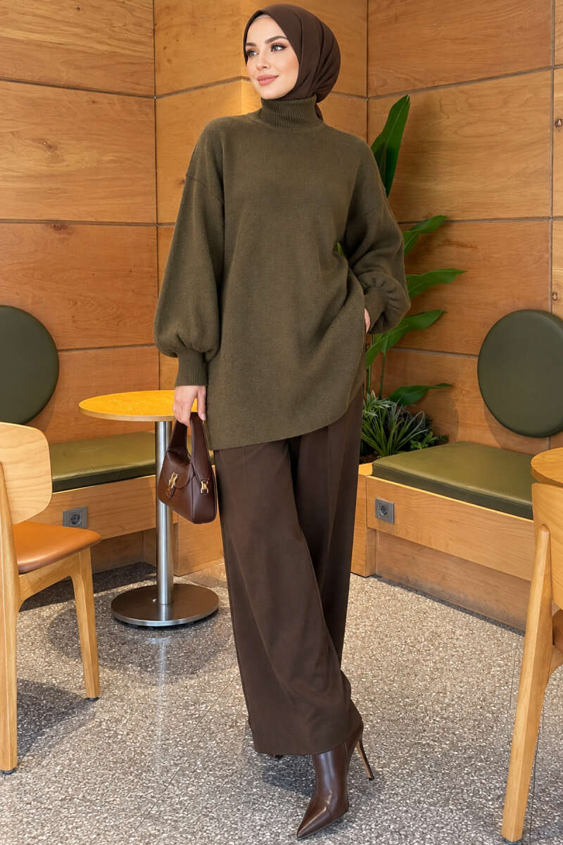 Turtleneck Puff-Sleeve Knit Tunic - Khaki