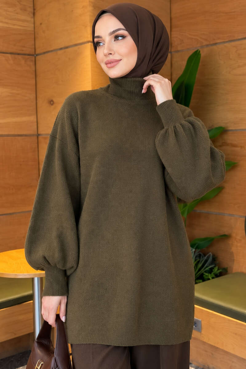 Turtleneck Puff-Sleeve Knit Tunic - Khaki