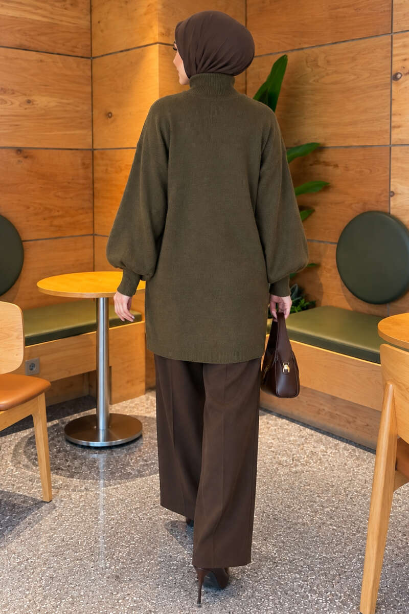 Turtleneck Puff-Sleeve Knit Tunic - Khaki
