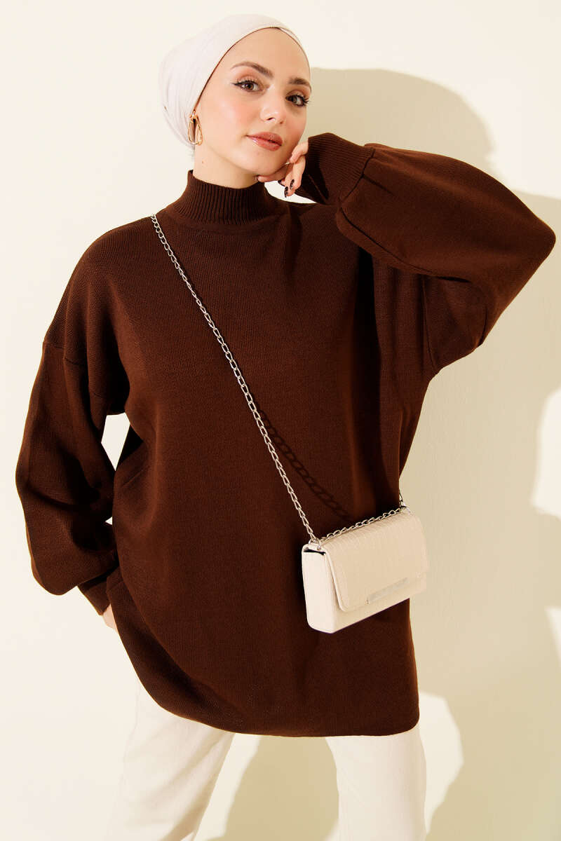 Turtleneck Puff-Sleeve Knit Tunic - Brown