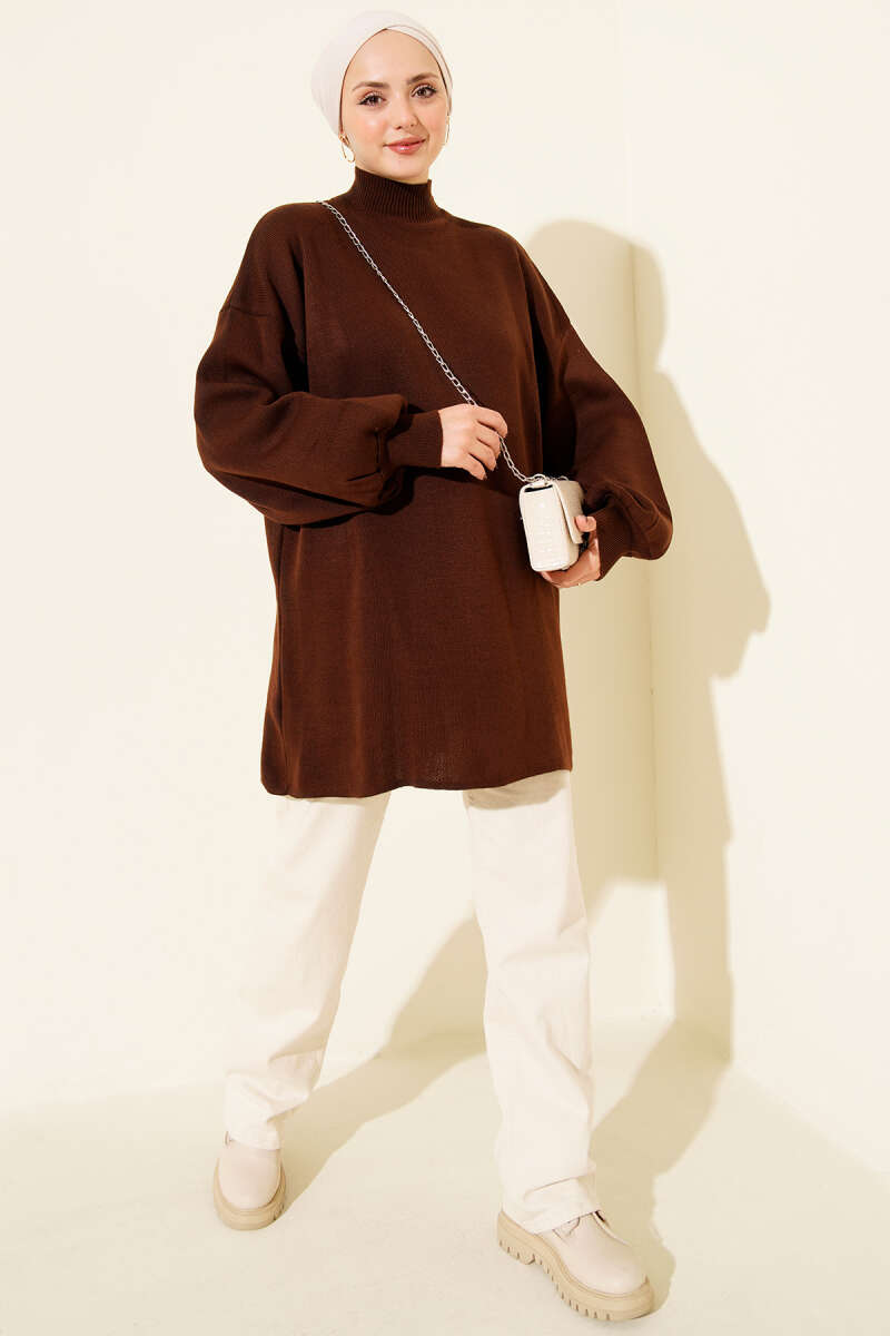 Turtleneck Puff-Sleeve Knit Tunic - Brown
