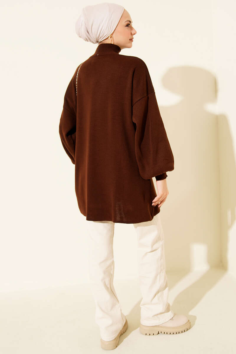 Turtleneck Puff-Sleeve Knit Tunic - Brown