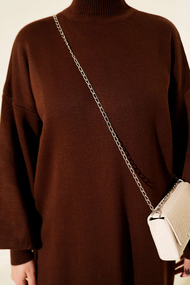 Turtleneck Puff-Sleeve Knit Tunic - Brown
