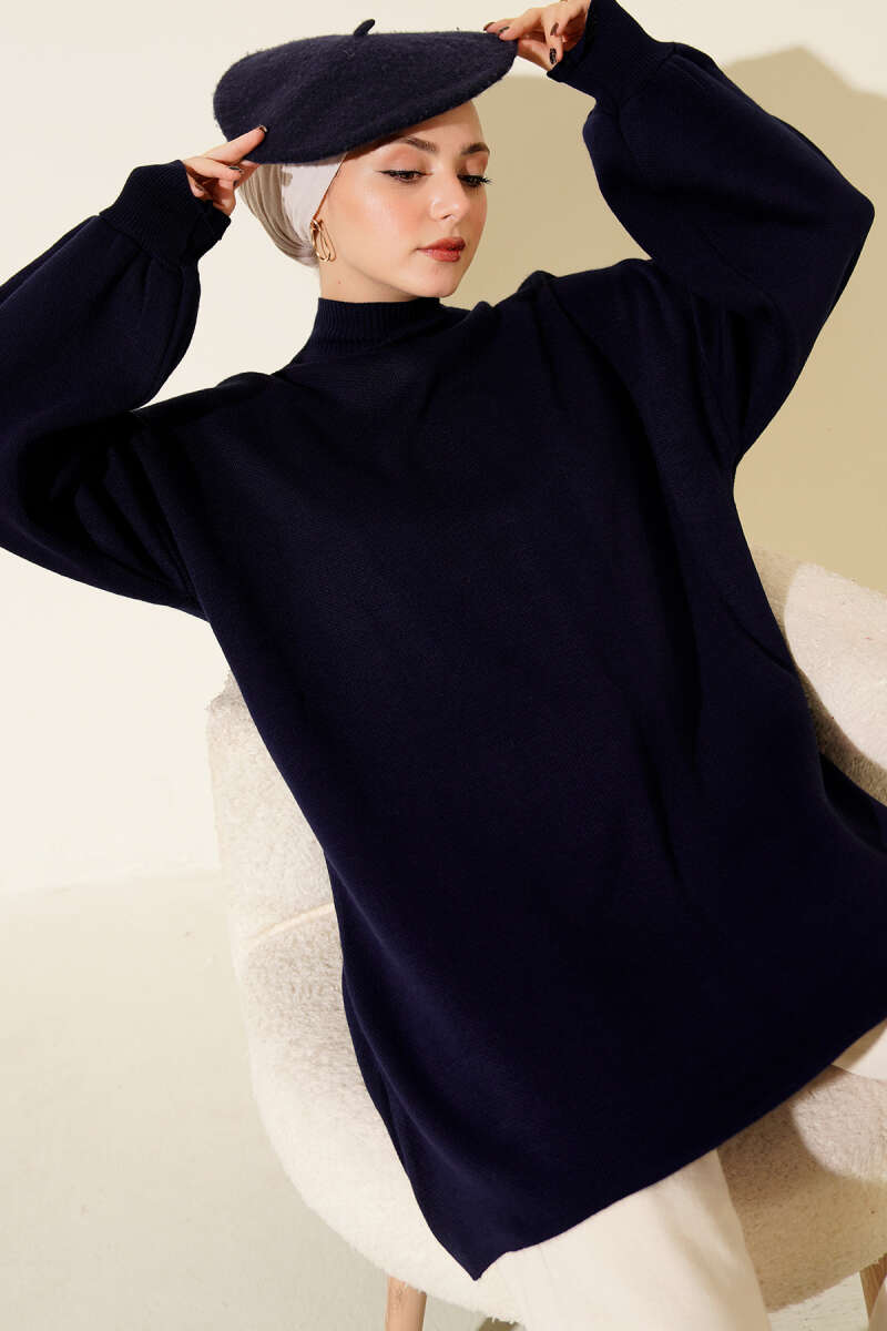 Turtleneck Puff-Sleeve Knit Tunic - Navy