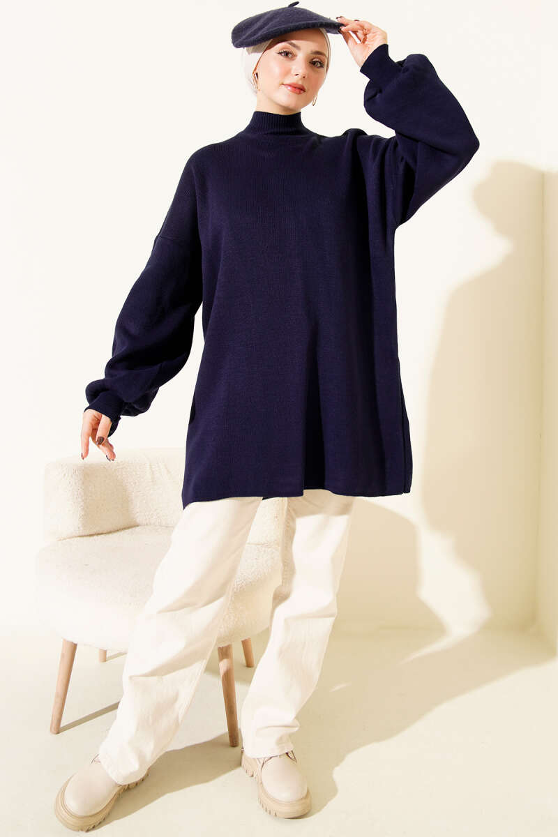 Turtleneck Puff-Sleeve Knit Tunic - Navy