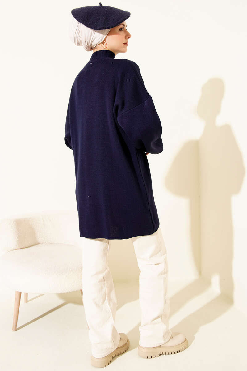 Turtleneck Puff-Sleeve Knit Tunic - Navy