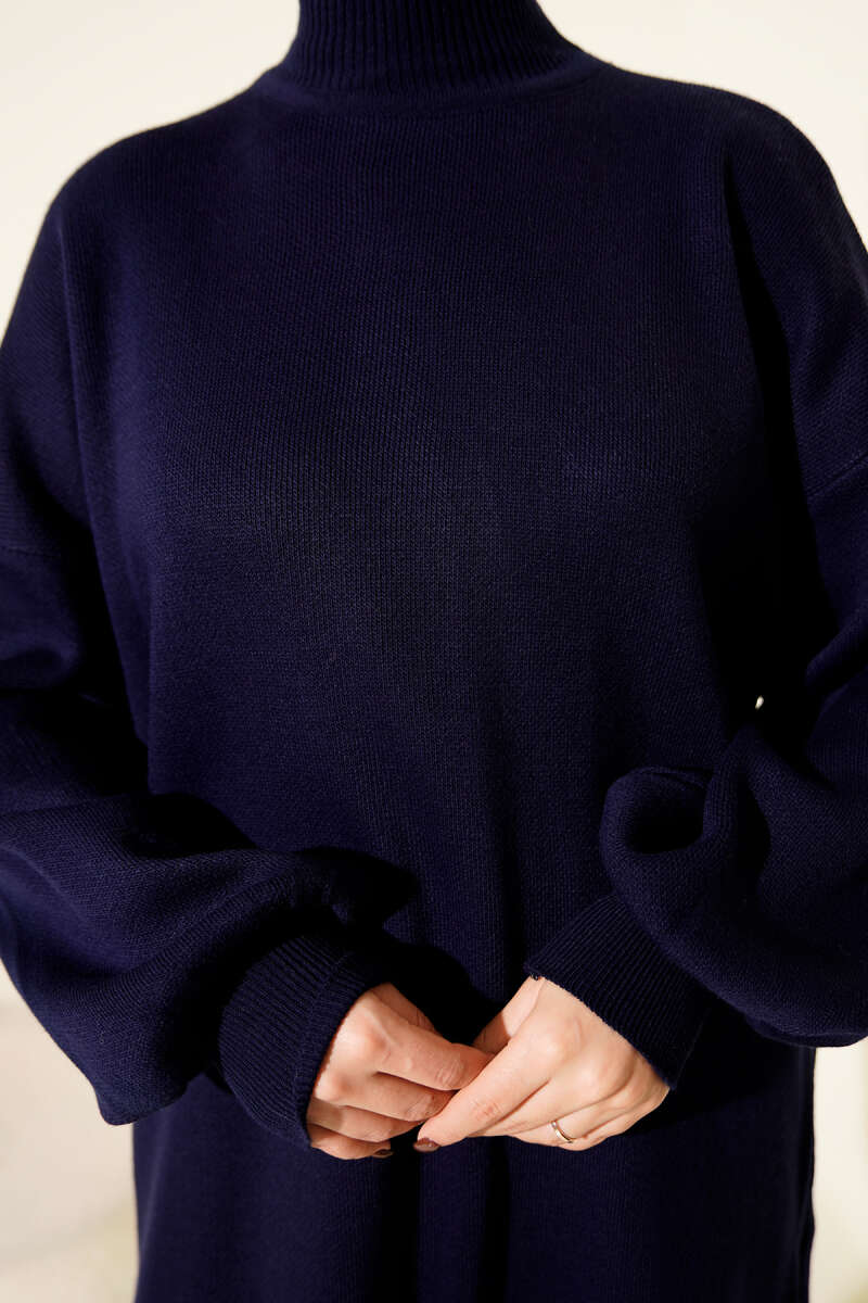 Turtleneck Puff-Sleeve Knit Tunic - Navy