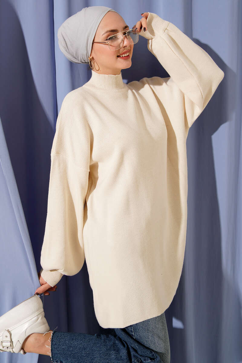 Turtleneck Puff-Sleeve Knit Tunic - Stone