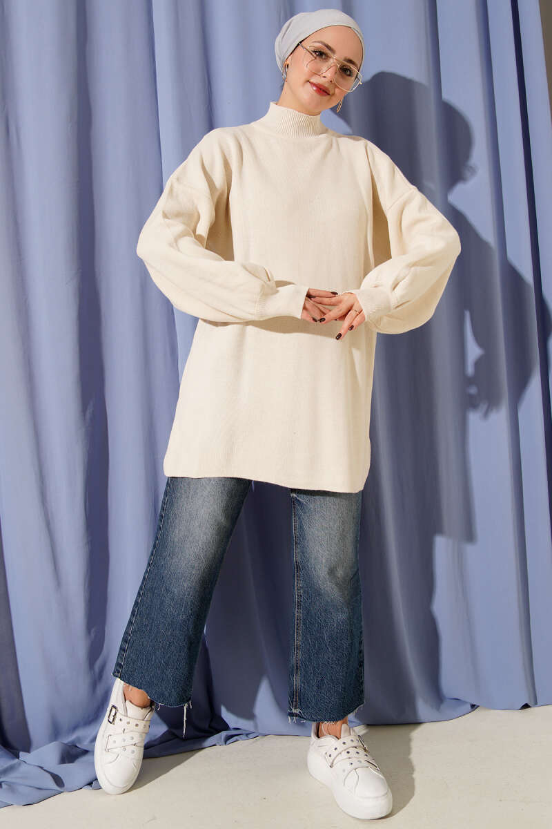 Turtleneck Puff-Sleeve Knit Tunic - Stone