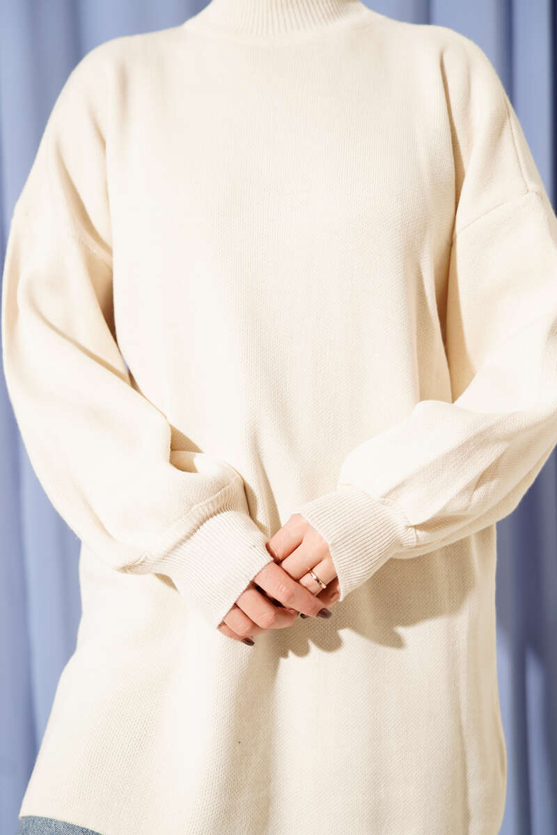 Turtleneck Puff-Sleeve Knit Tunic - Stone