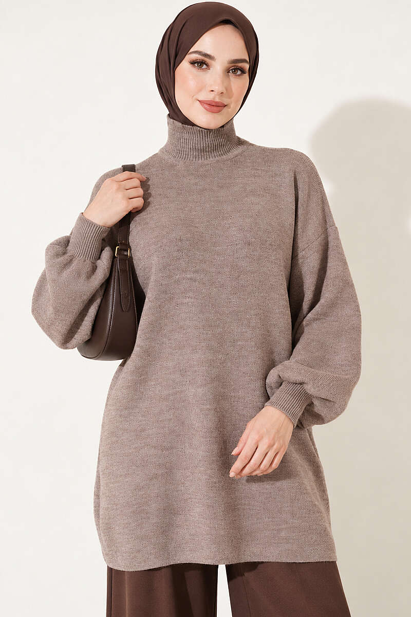 Turtleneck Puff-Sleeve Knit Tunic - Mink