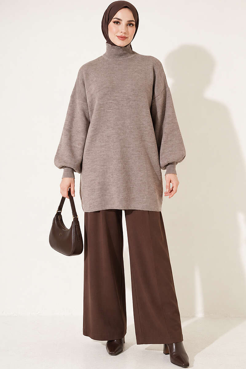 Turtleneck Puff-Sleeve Knit Tunic - Mink