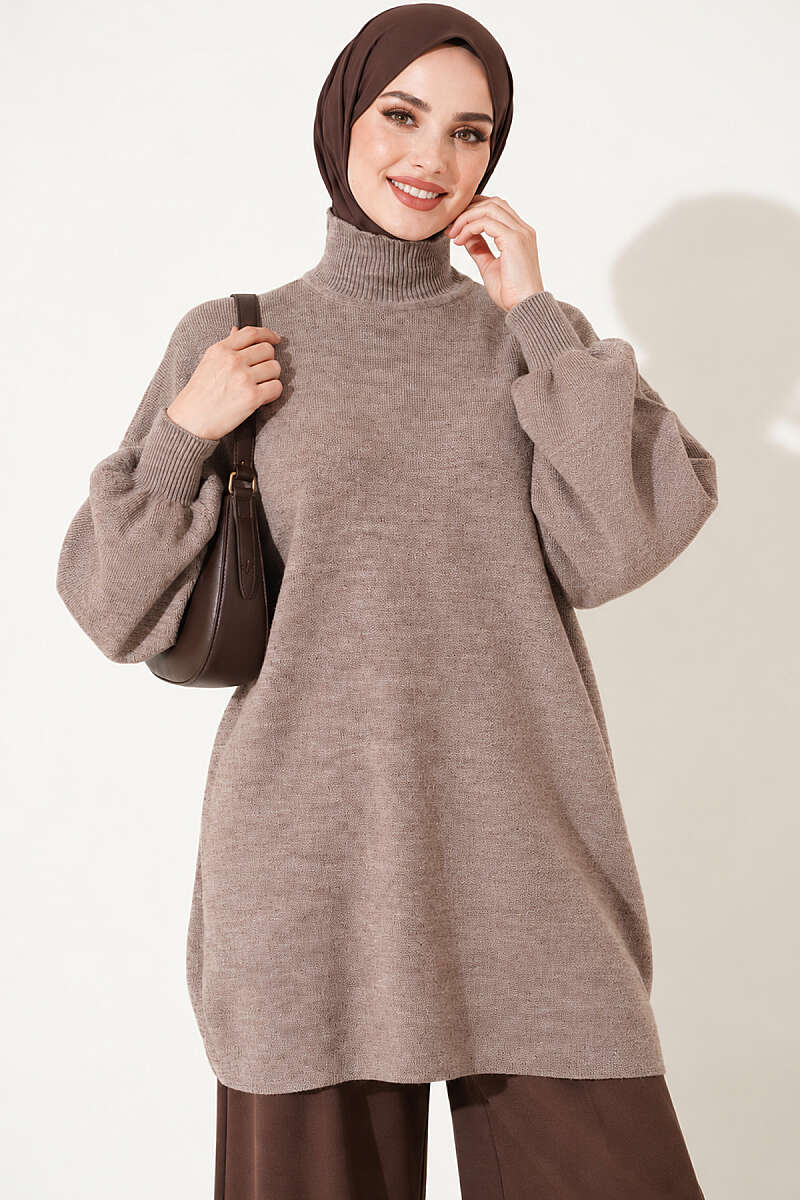 Turtleneck Puff-Sleeve Knit Tunic - Mink