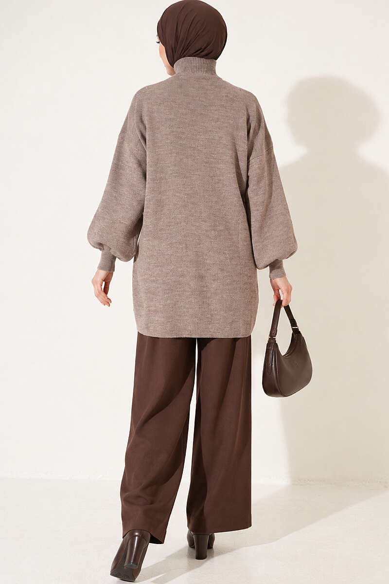 Turtleneck Puff-Sleeve Knit Tunic - Mink