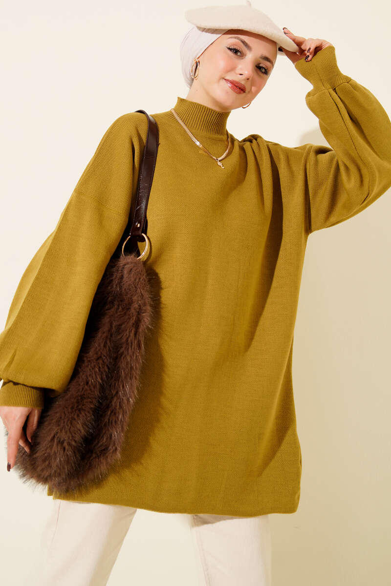 Turtleneck Puff-Sleeve Knit Tunic - Olive