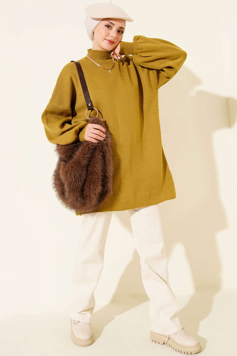 Turtleneck Puff-Sleeve Knit Tunic - Olive