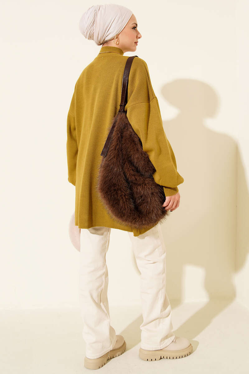 Turtleneck Puff-Sleeve Knit Tunic - Olive