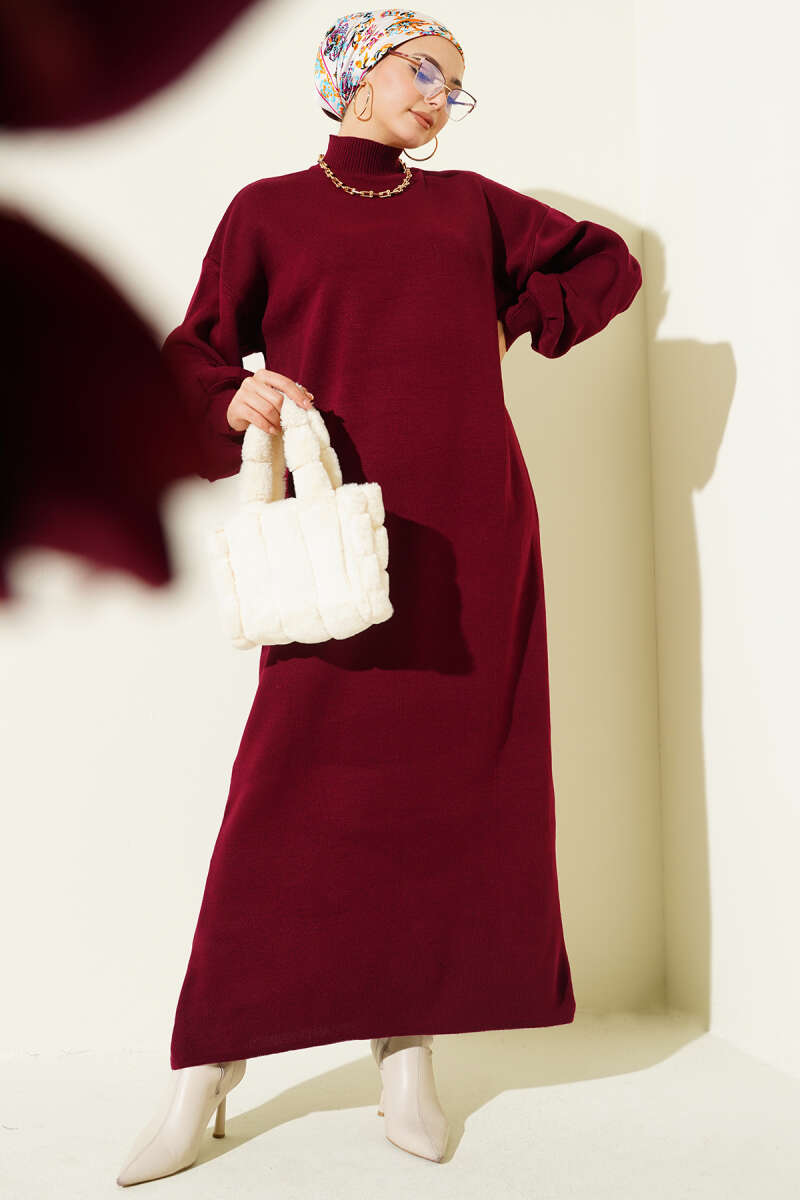 Plain Turtleneck Knit Dress - Burgundy