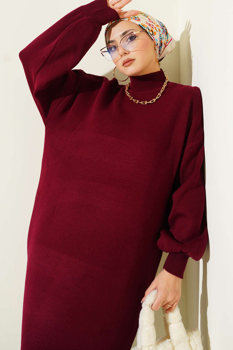 Plain Turtleneck Knit Dress - Burgundy