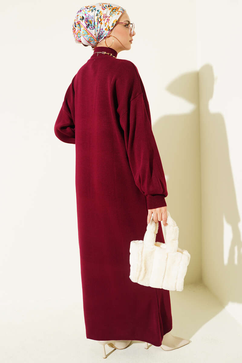 Plain Turtleneck Knit Dress - Burgundy