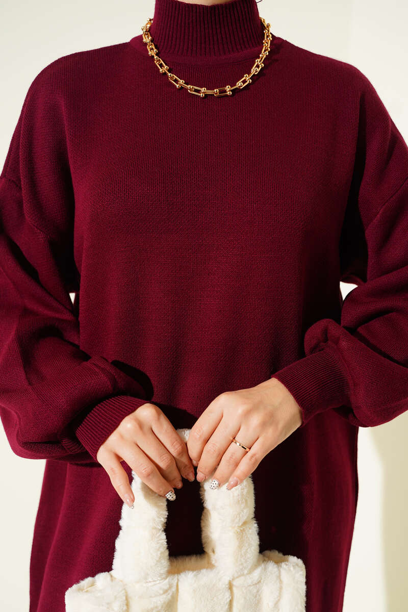 Plain Turtleneck Knit Dress - Burgundy
