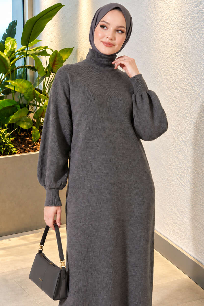 Plain Turtleneck Knit Dress - Smoke Grey