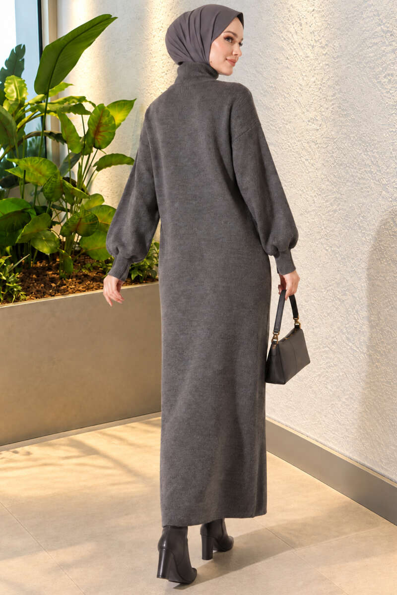 Plain Turtleneck Knit Dress - Smoke Grey