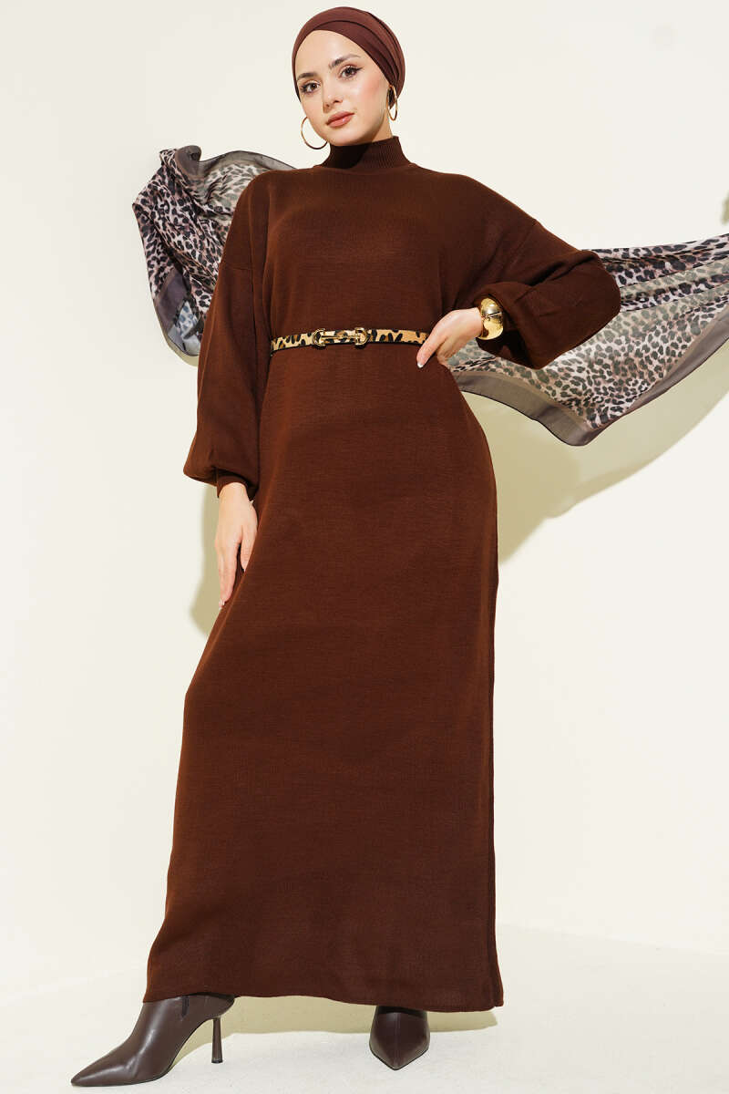 Plain Turtleneck Knit Dress - Brown
