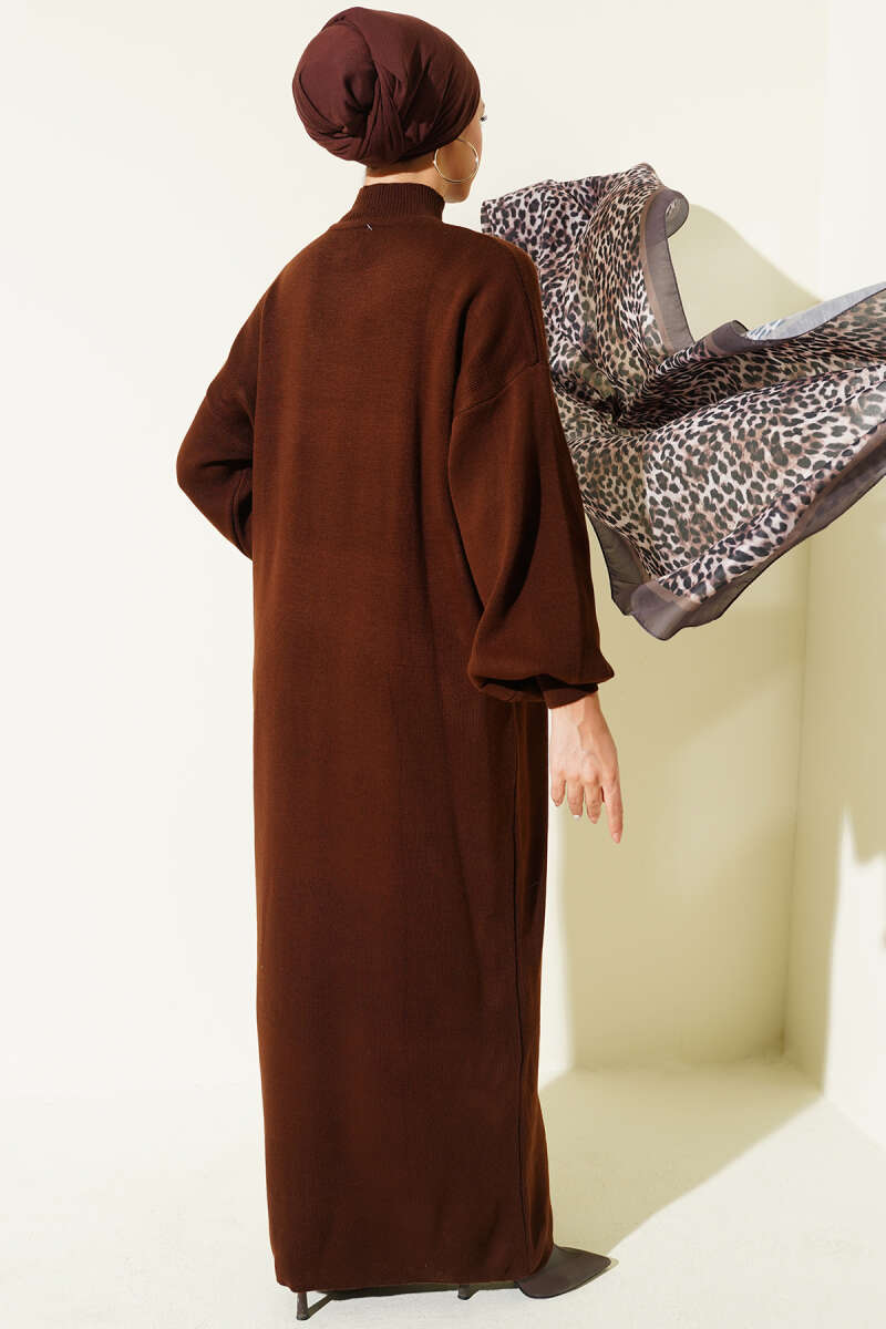 Plain Turtleneck Knit Dress - Brown