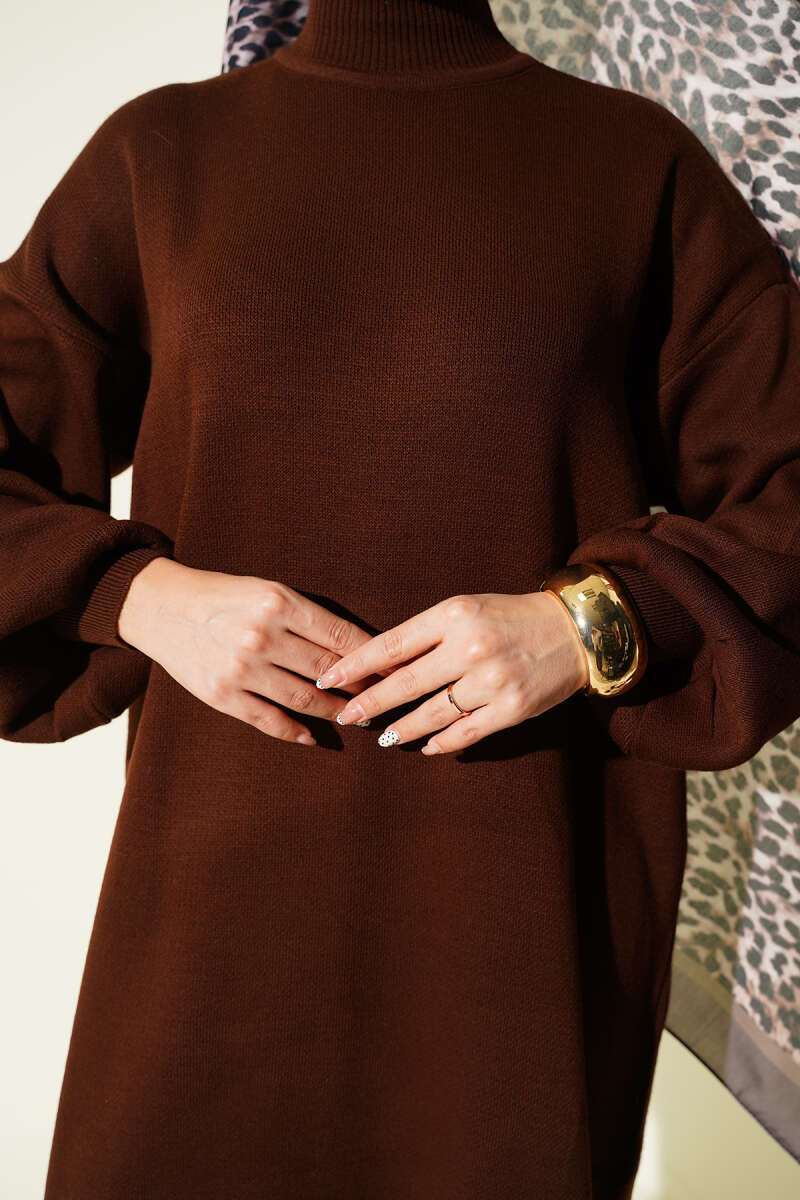 Plain Turtleneck Knit Dress - Brown
