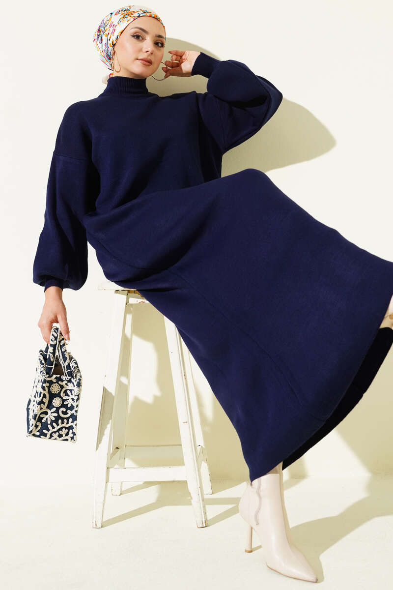 Plain Turtleneck Knit Dress - Navy