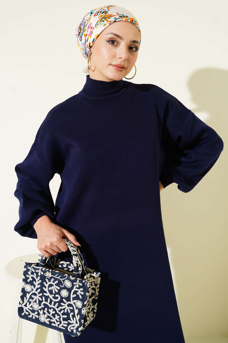 Plain Turtleneck Knit Dress - Navy