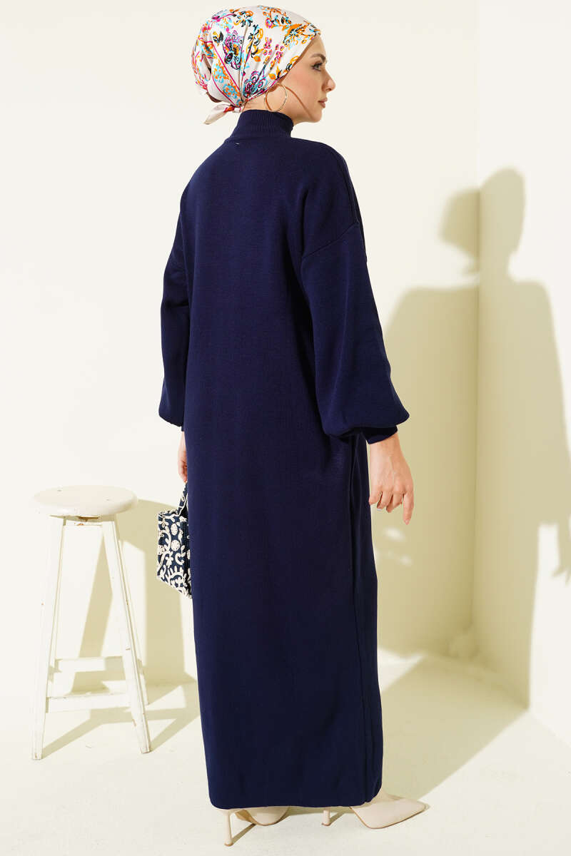 Plain Turtleneck Knit Dress - Navy