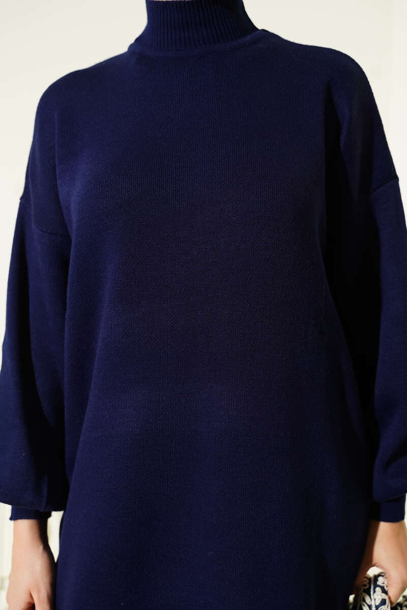 Plain Turtleneck Knit Dress - Navy