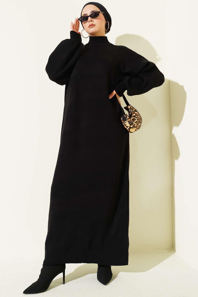 Plain Turtleneck Knit Dress - Black