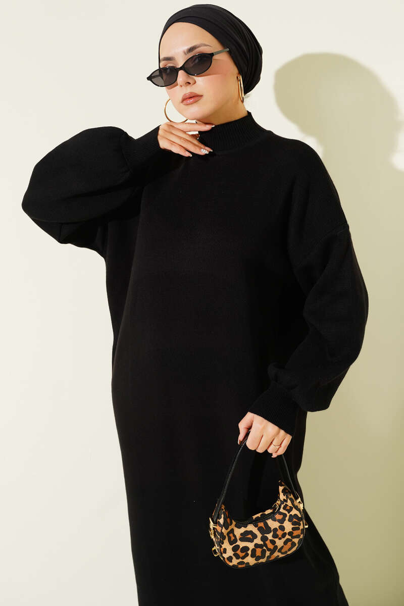 Plain Turtleneck Knit Dress - Black