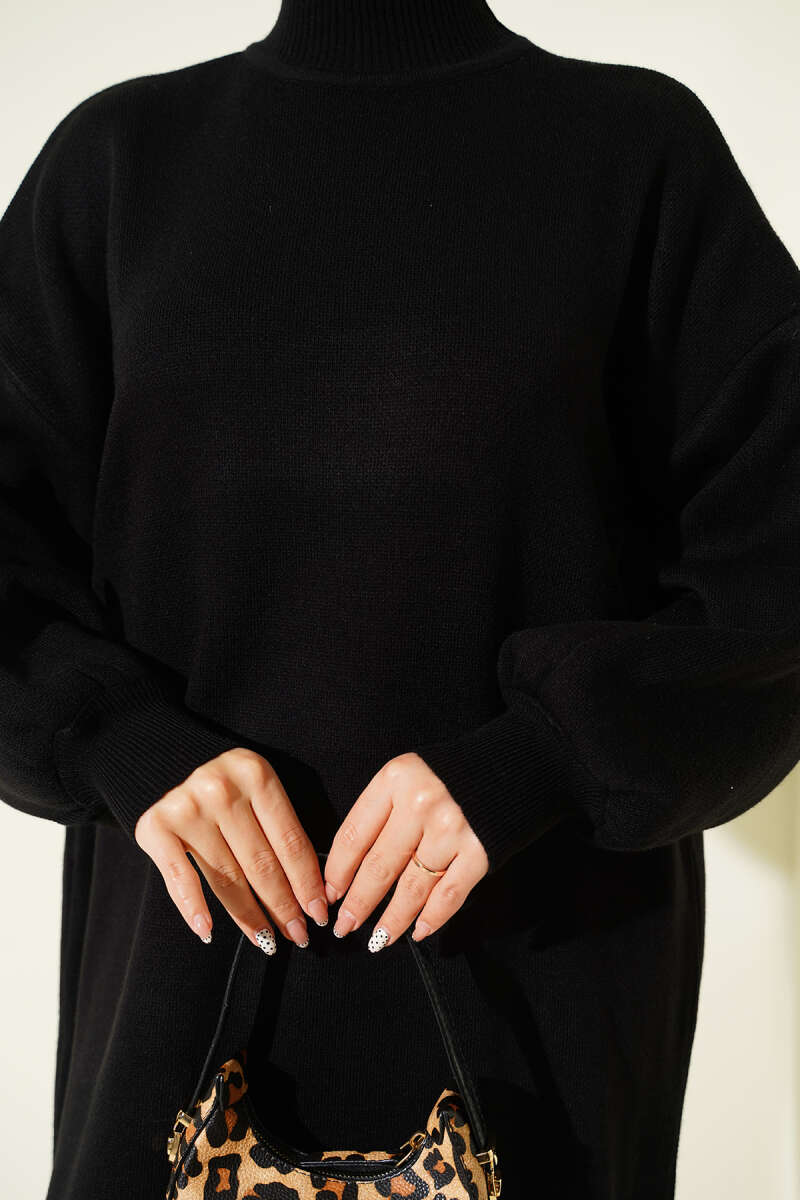 Plain Turtleneck Knit Dress - Black