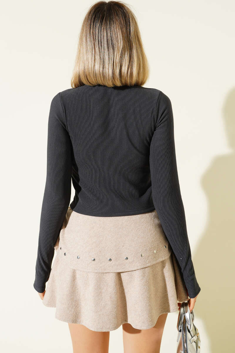 Ribbed Turtleneck Crop Top with Thumbholes - Smoke Grey