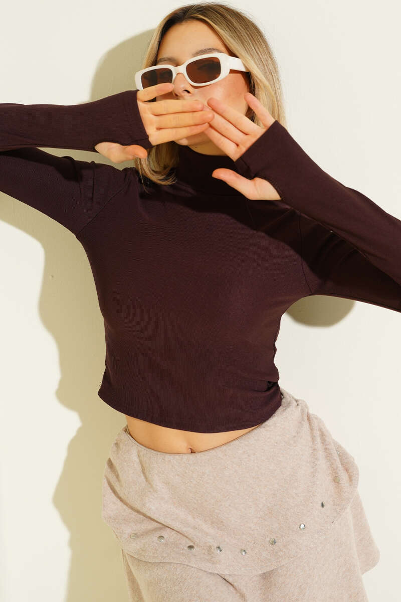 Ribbed Turtleneck Crop Top with Thumbholes - Brown