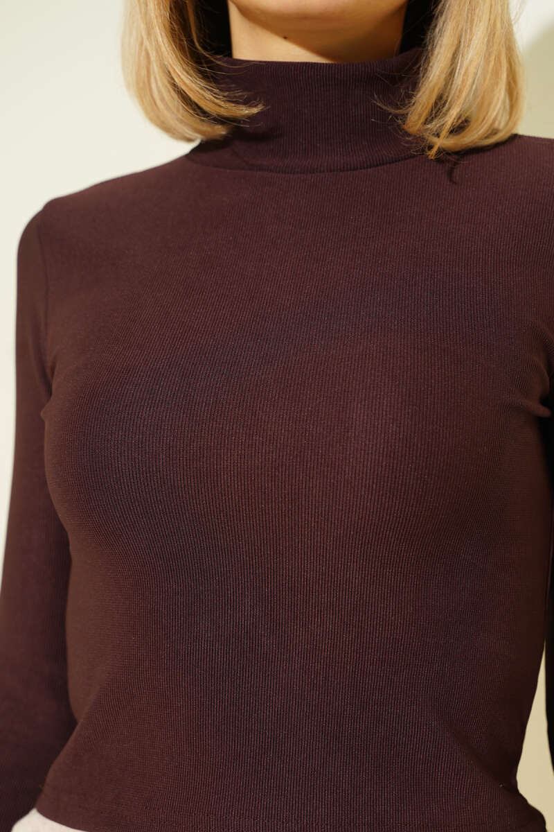 Ribbed Turtleneck Crop Top with Thumbholes - Brown