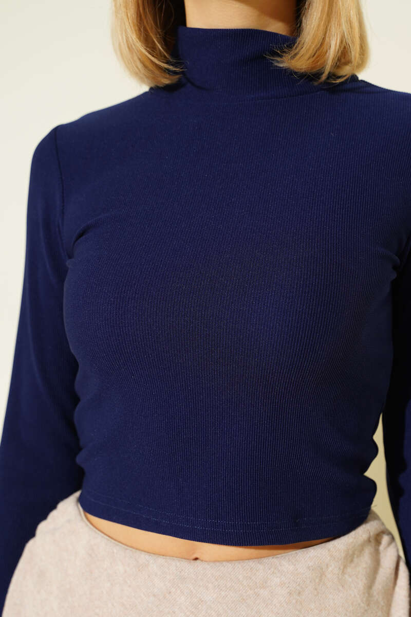 Ribbed Turtleneck Crop Top with Thumbholes - Navy