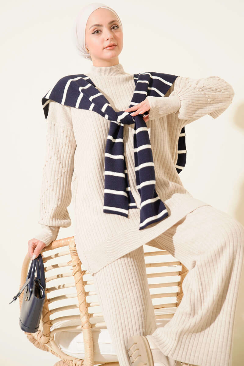 Turtleneck Ribbed Knit Two-Piece Set - Beige