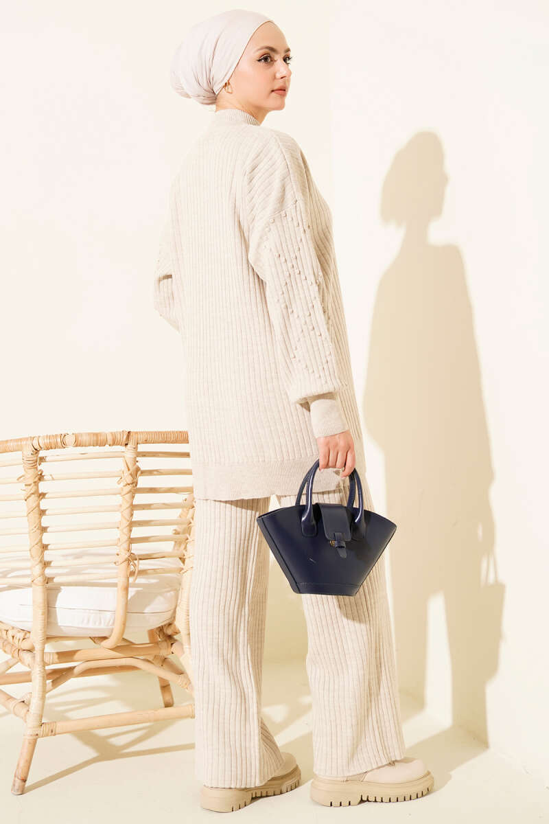 Turtleneck Ribbed Knit Two-Piece Set - Beige