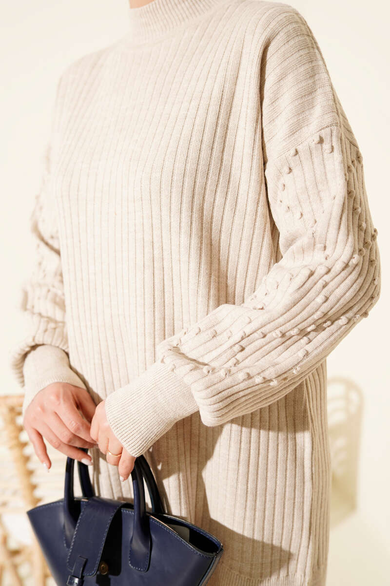 Turtleneck Ribbed Knit Two-Piece Set - Beige